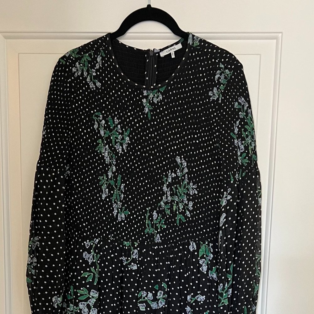 Ganni Rometty Floral Georgette Smocked Dress Sz: EU 38; US 6